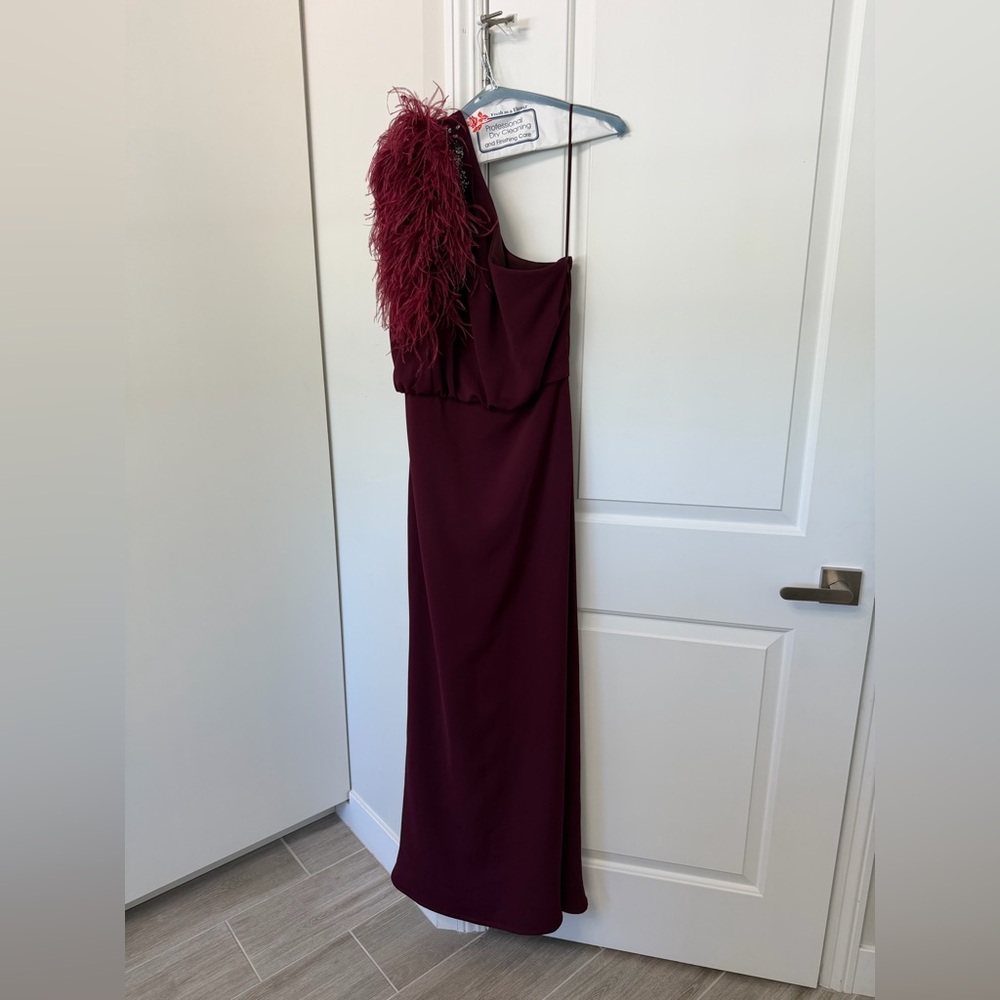 Badgley Mischka Burgundy One-Shoulder Feather-Trim Gown